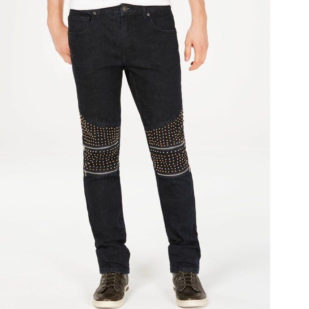 INC men's ( 32 - 33 ) dark wash studded zip vented moto stretch skinny jeans